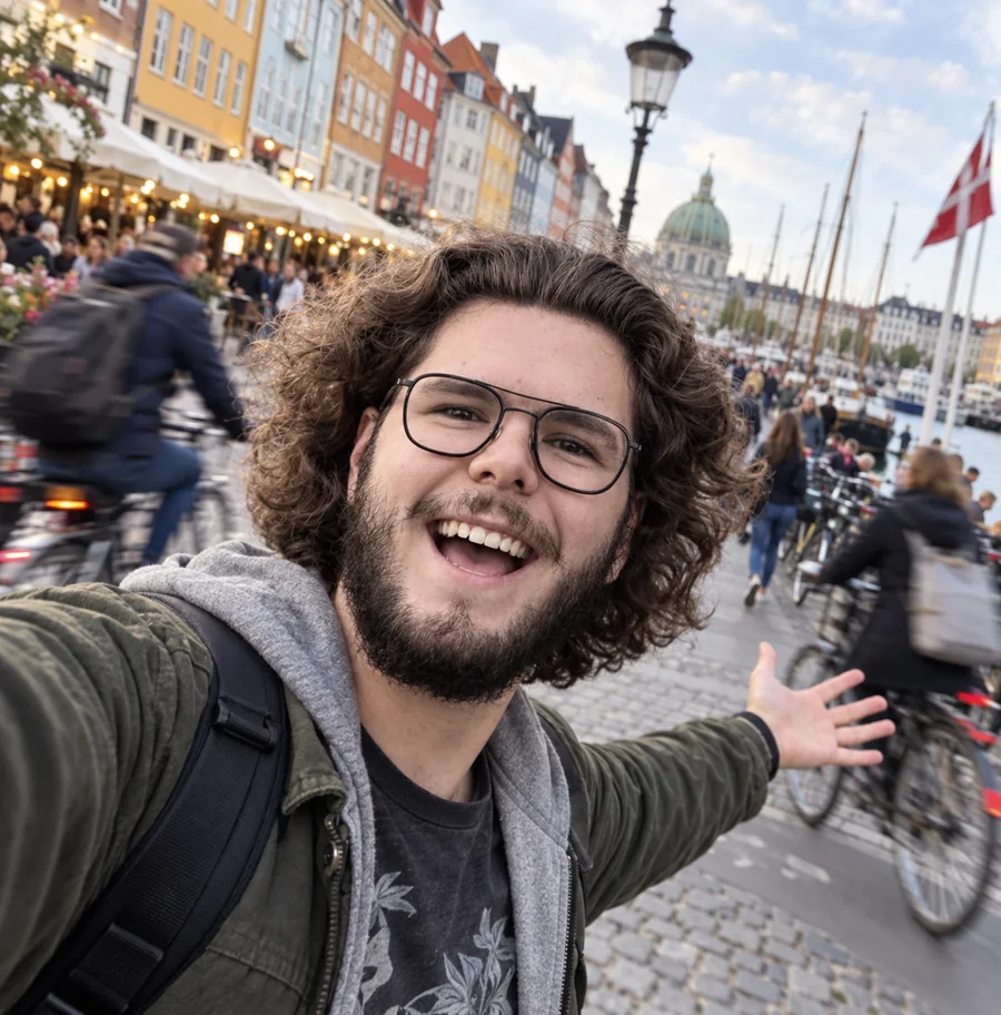 Mads-Bendt tager en selfie i Nyhavn med armene ud til siden og de farvede huse bag sig.